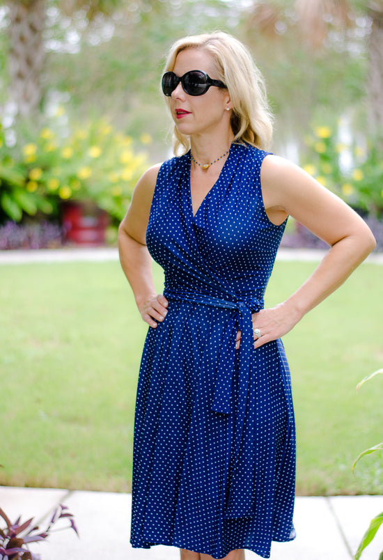 Classic Polka Dot Wrap Dress in Navy