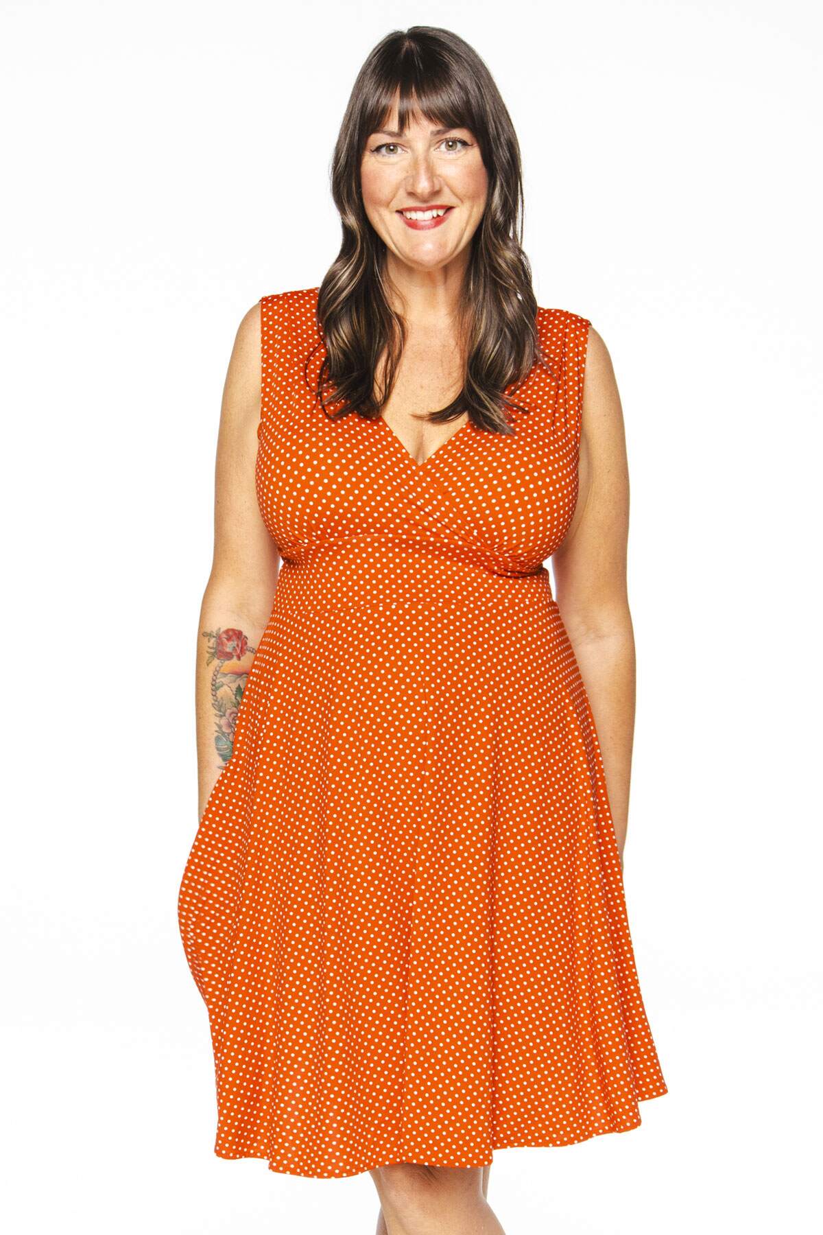 Audrey Dress - Pimento with White Pin Dots