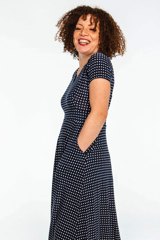 Load image into Gallery viewer, Cecelia Dress - Navy with White Micro Dots
