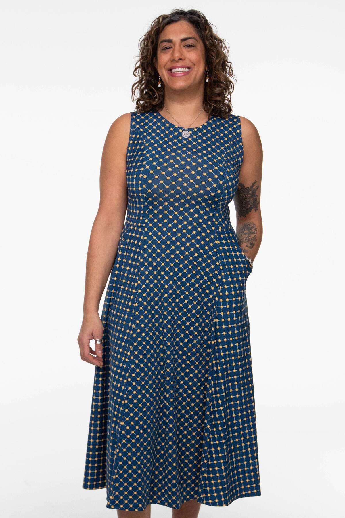 Cleo Dress - Navy with Gold Cross Dots