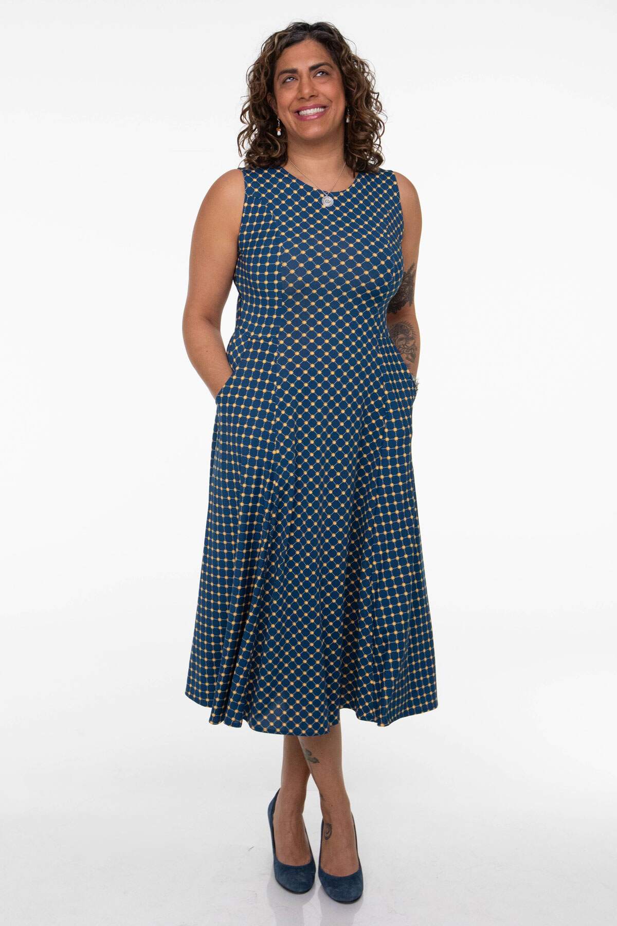 Cleo Dress - Navy with Gold Cross Dots