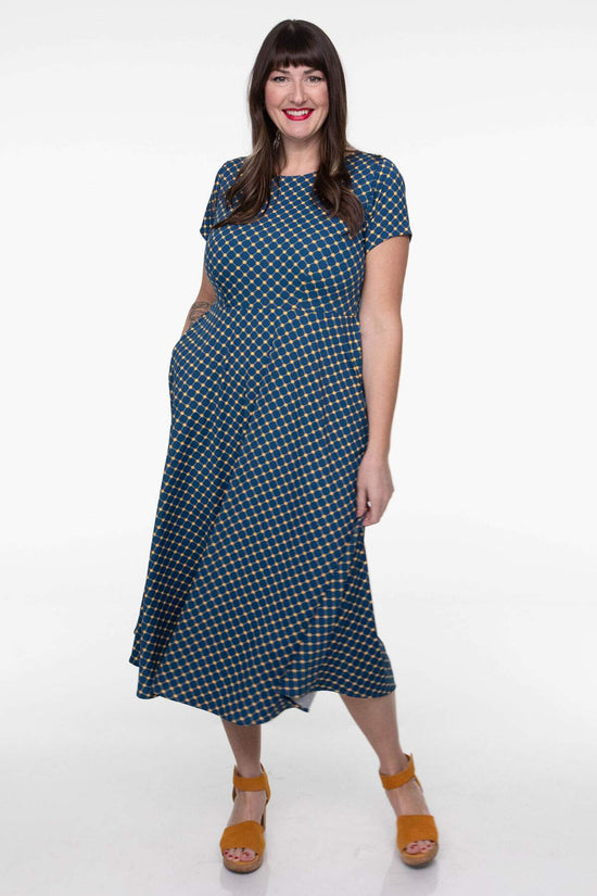 Katherine Dress in Navy and Gold Cross Dots by Karina Dresses