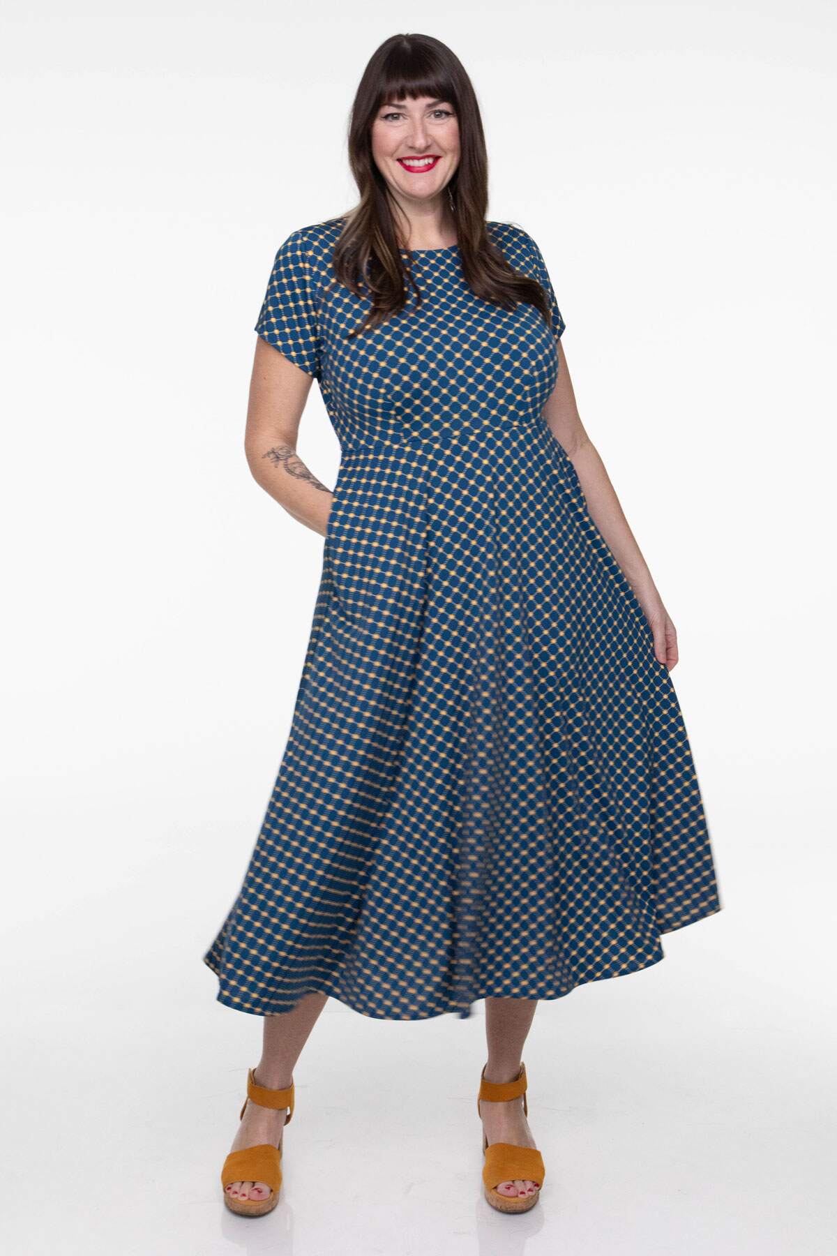 Katherine Dress - Navy and Gold Cross Dots – karina dresses