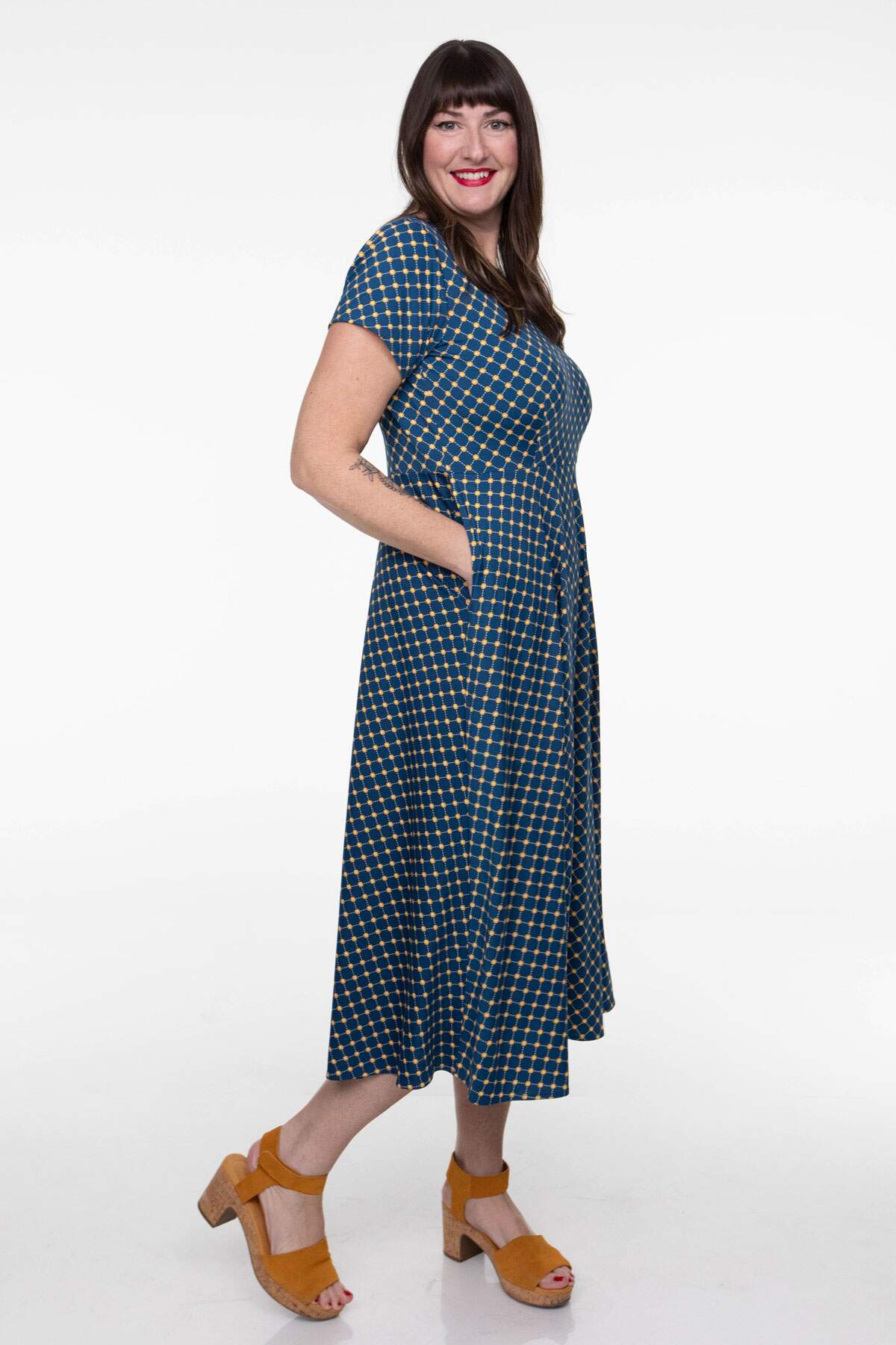 Katherine Dress - Navy and Gold Cross Dots – karina dresses