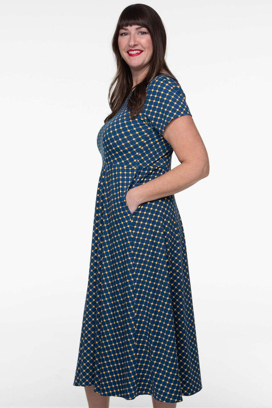 Katherine Dress in Navy and Gold Cross Dots by Karina Dresses