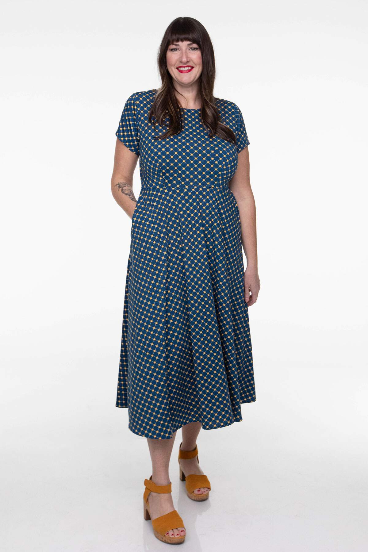 Katherine Dress in Navy and Gold Cross Dots by Karina Dresses