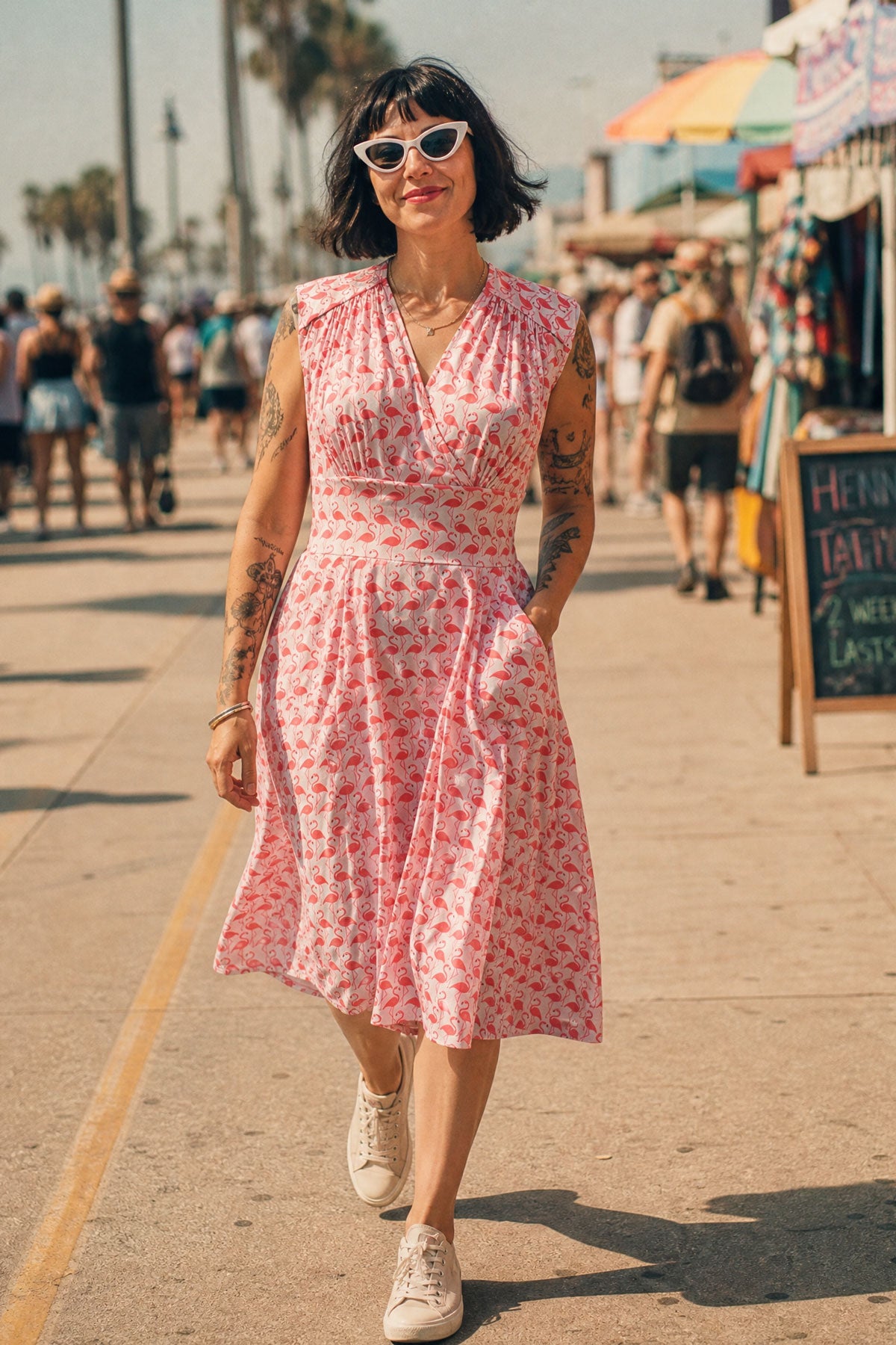 flamingo dress Black crpe dress with embroidered flamingo