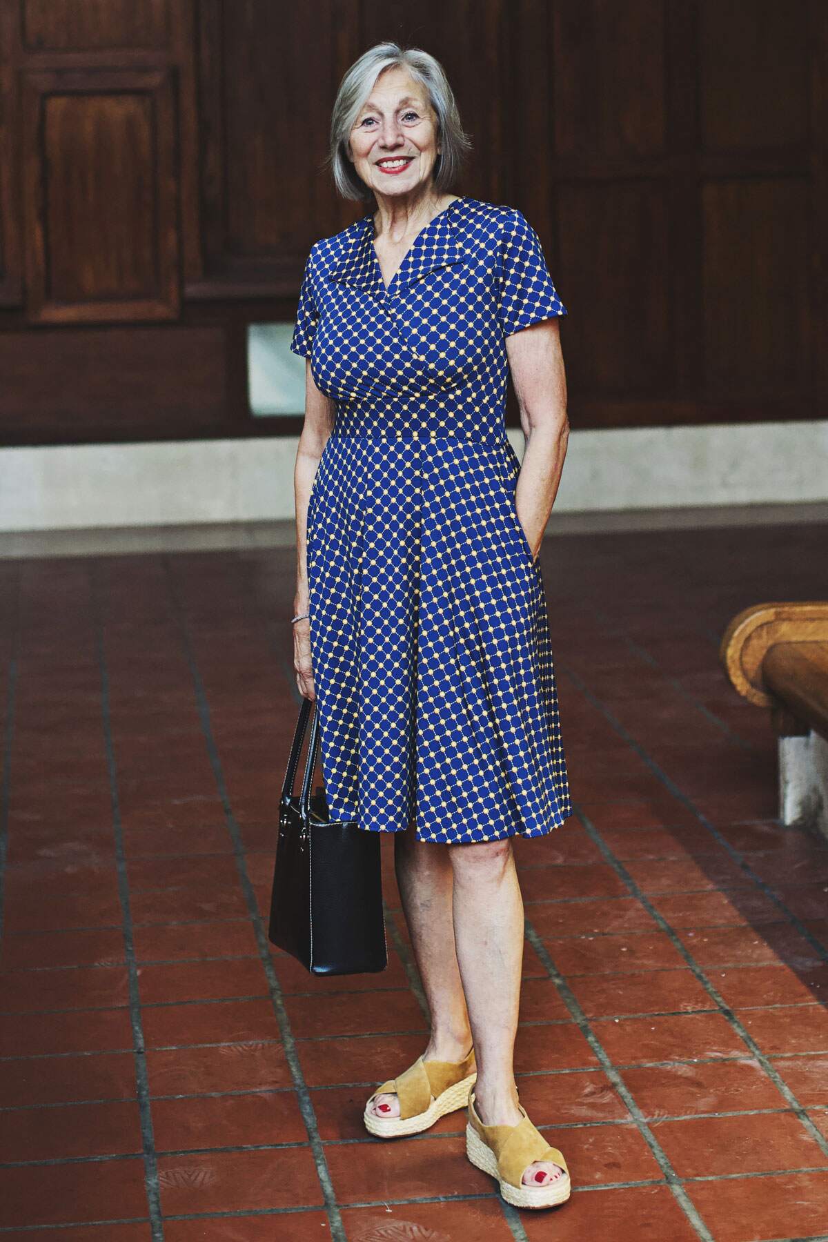 Peggy Dress in Navy with Gold Cross Dots by Karina Dresses
