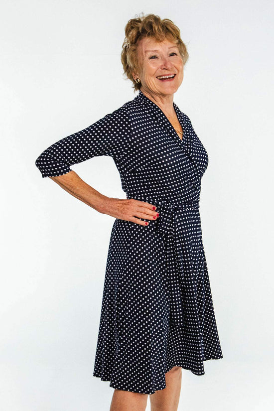 Load image into Gallery viewer, Ruby Dress - Navy with White Micro Dots
