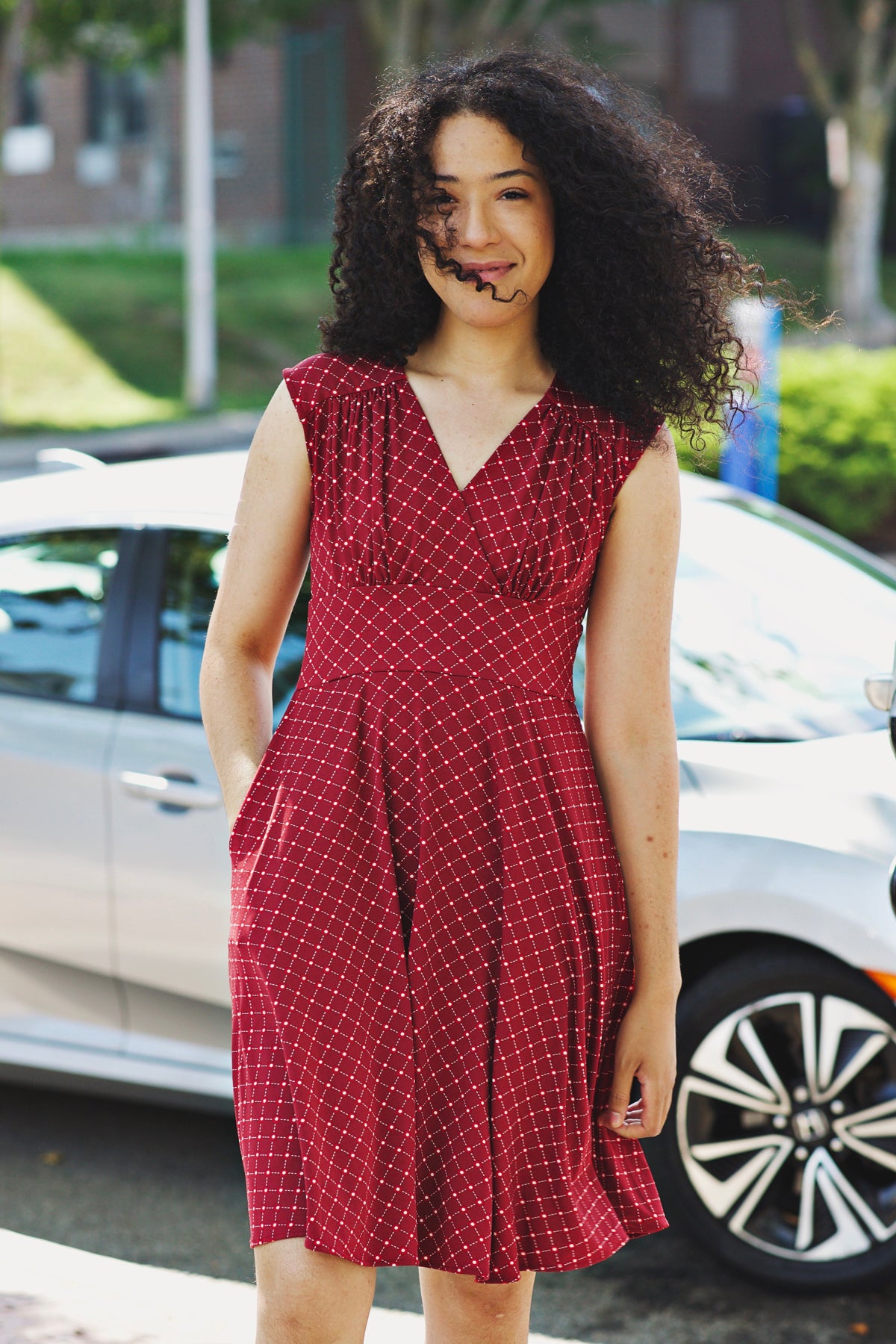 Nora Dress in Cranberry Cross Dots by Karina Dresses